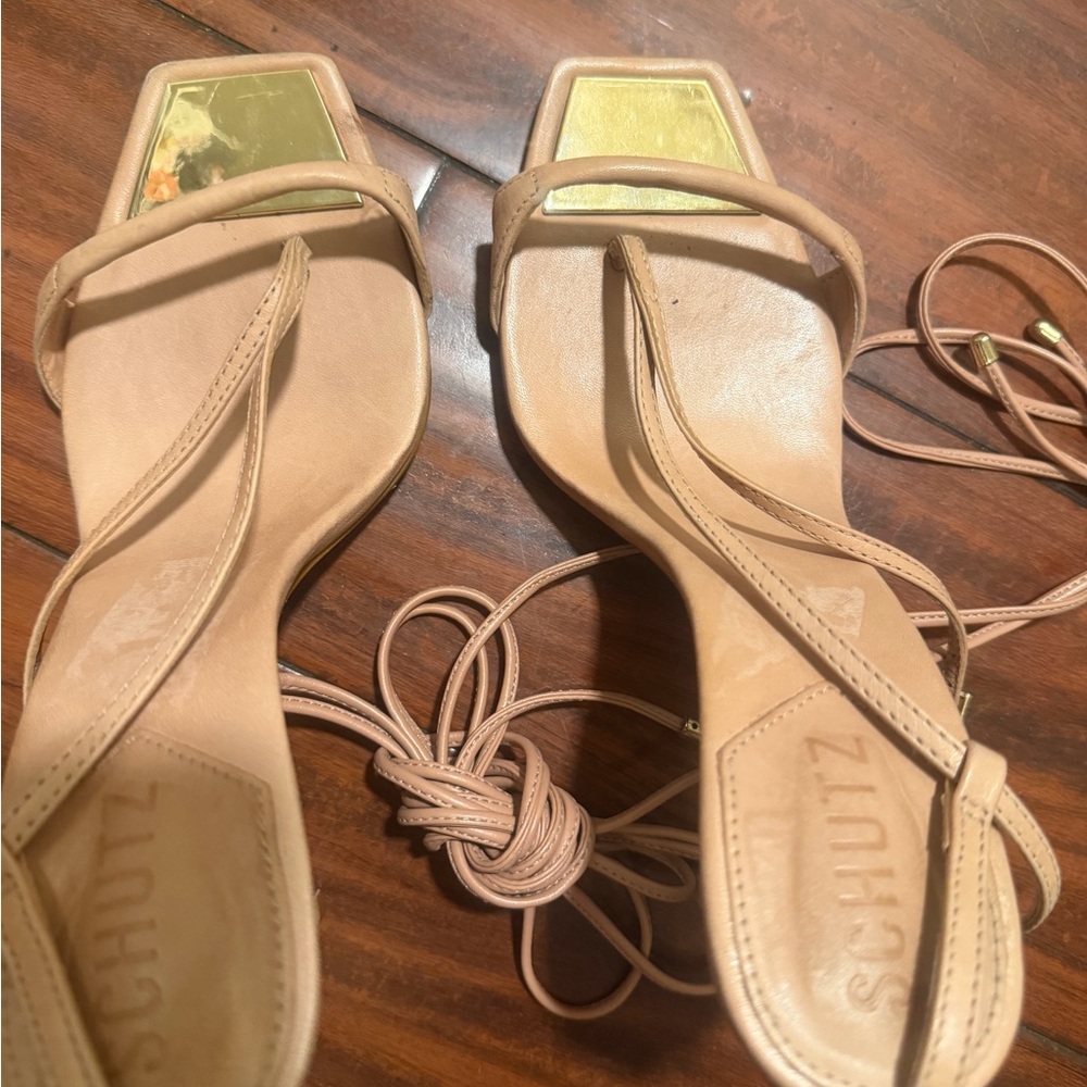 SCHUTZ Tan Lace-Up Stiletto Sandals with Wrap Ankle Ties - Picture 10 of 15